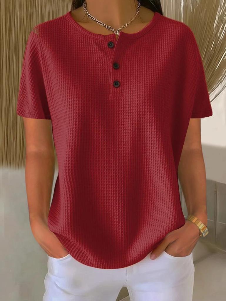 2026 Summer Solid Color Waffle Knit Round Neck Short Sleeve Top