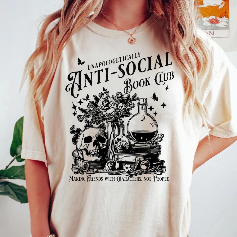Anti-Social Book Club T-Shirt Introverted Reader Vintage Style Graphic Tee Men's Women's Short Sleeve T-Shirt Half Sleeve Top
