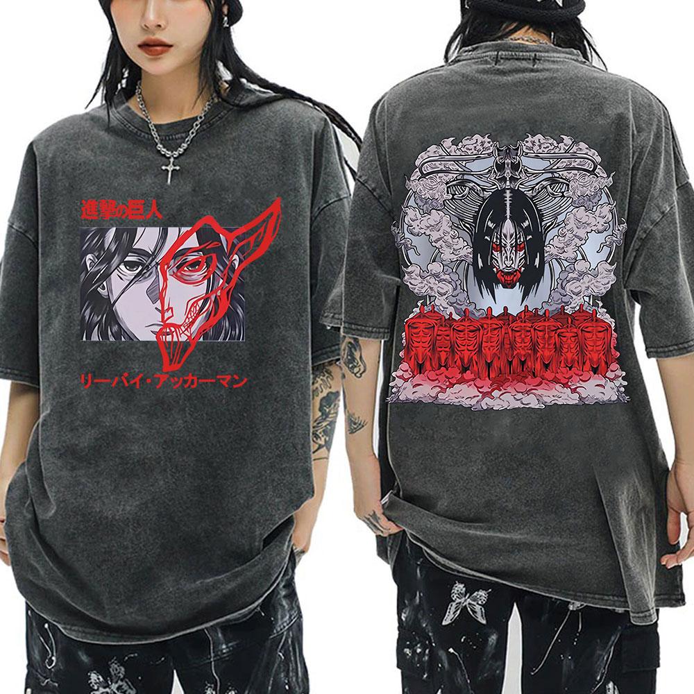 Anime Attack On Titan Washed T-Shirt Ackerman Mikasa Eren Jaeger Cherry Blossom Graphics Logo T Shirt Men Women Cotton T Shirts