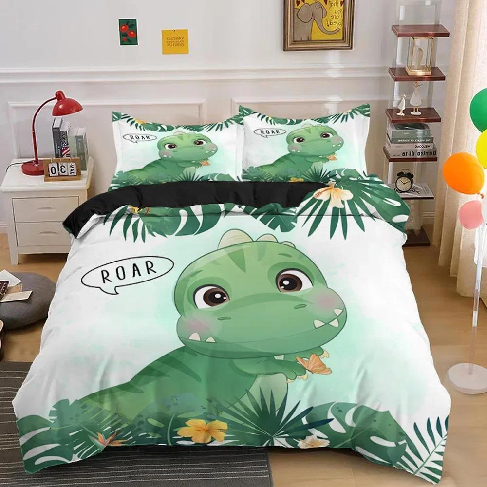 Niedlicher Dinosaurier 3D Cartoon Tier Bequemer Bettbezug Bettdecke Kissenbezug Bettwäscheset Kinder Schlafzimmer Dekoration Heimtextil