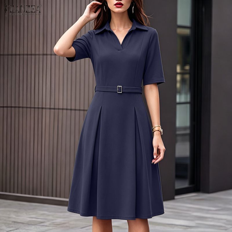 ZANZEA Women Casual Turn Down Collar Solid Color Half Sleeve Dress