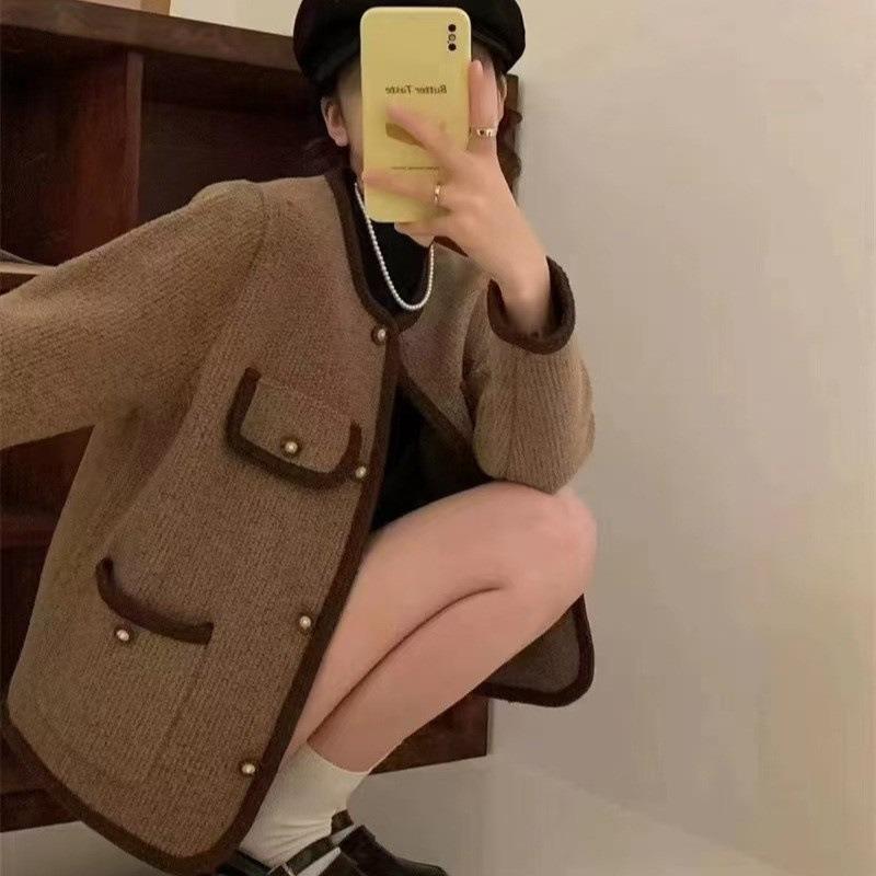 Temperament round neck versatile and thin imitation double-sided coat small autumn and winter cardigan women's trend