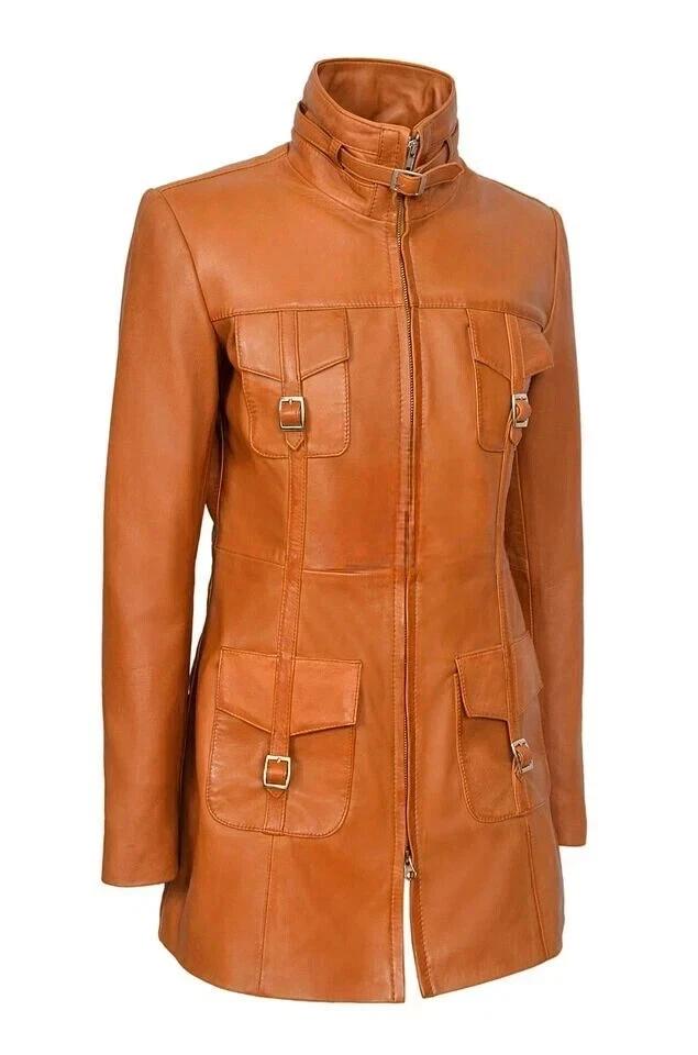 Lambskin Genuine Stylish Casual Fit Soft Women Trench Coat Stylish Tan Handmade Leather Lambskin Genuine Designer Soft
