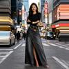 Women's High Waist Asymmetric Split Maxi Denim Skirt Loose Fit Vintage Washed A Line Long Jean Skirt