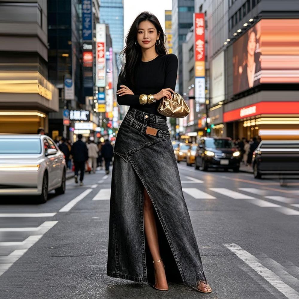 Women's High Waist Asymmetric Split Maxi Denim Skirt Loose Fit Vintage Washed A Line Long Jean Skirt