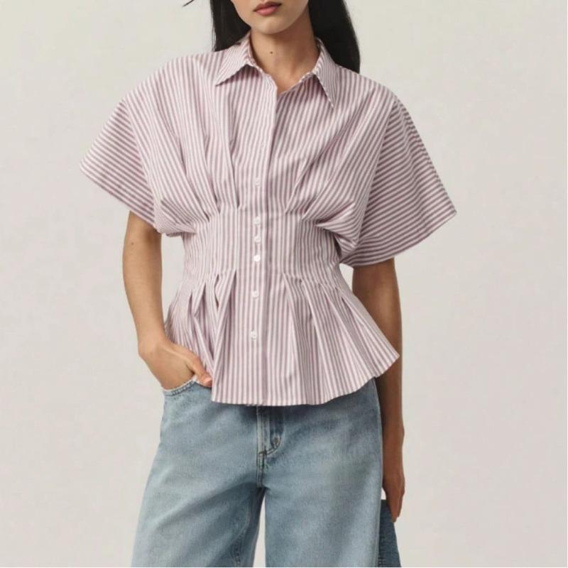 Summer New Women's Design Waist Shirt Casual Versatile Striped Pleated Slim Top