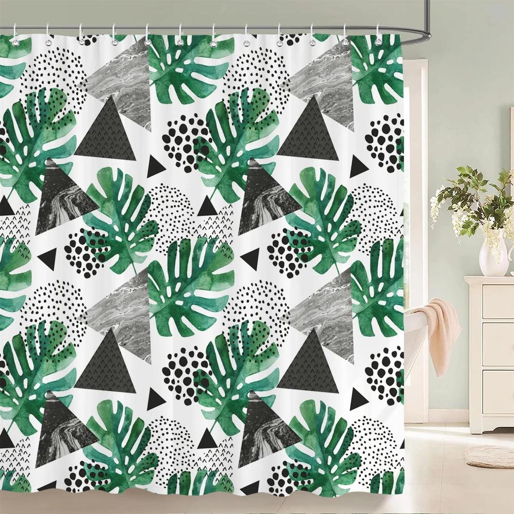 Green Plant Leaves Print Shower Curtains Watercolor Boho Floral Waterproof Morden Bathroom Bathtub Curtain Room Decor With Hooks