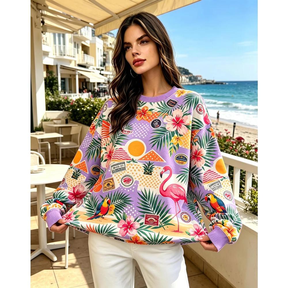 Women Crew Neck Fleece Sweatshirt Tropical Flamingo Palm Leaf Hibiscus Watermelon Print Long Sleeve Loose No Hood Warm Pullover