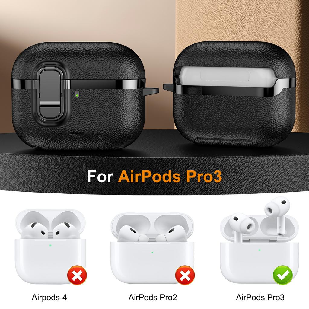 For AirPods Pro Case Foldable Stand Electroplated Litchi Texture TPU PC Earbuds Cover with Switch / Carabiner