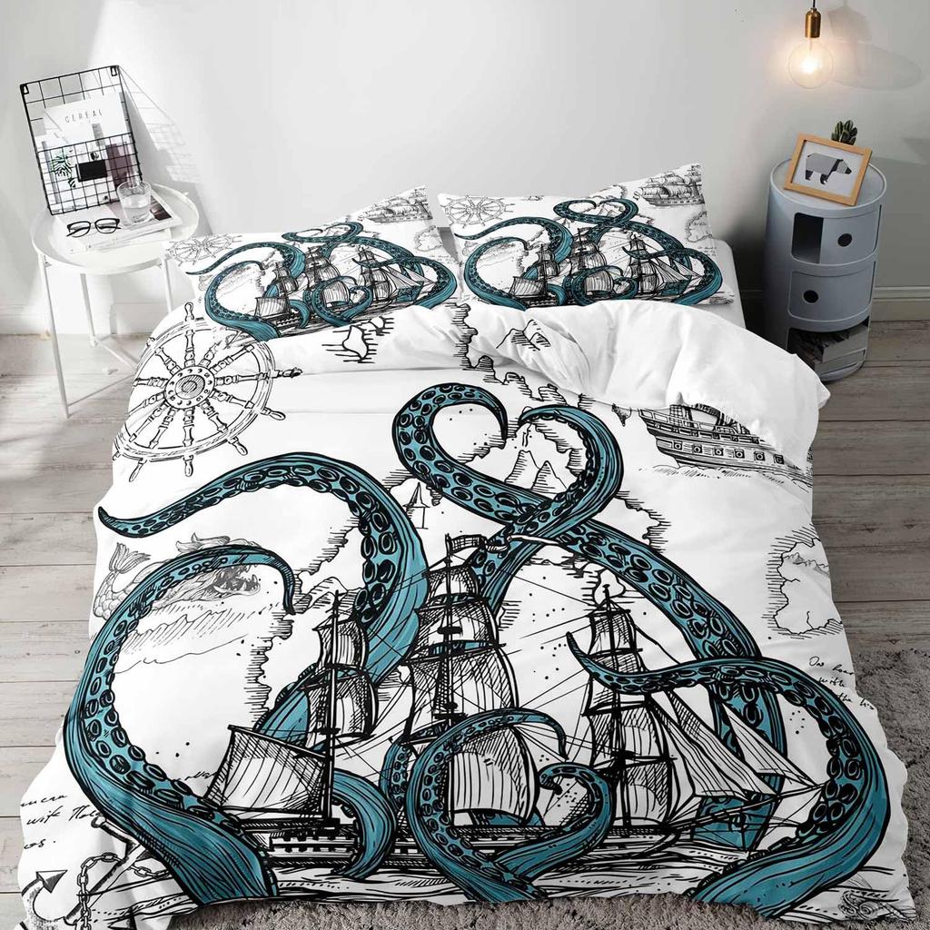 Retro Pirates Duvet Cover Set Skull Octopus Treasure Map Bedding Set Adult Boy Girl Bedroom Decoration Single Double Large Size