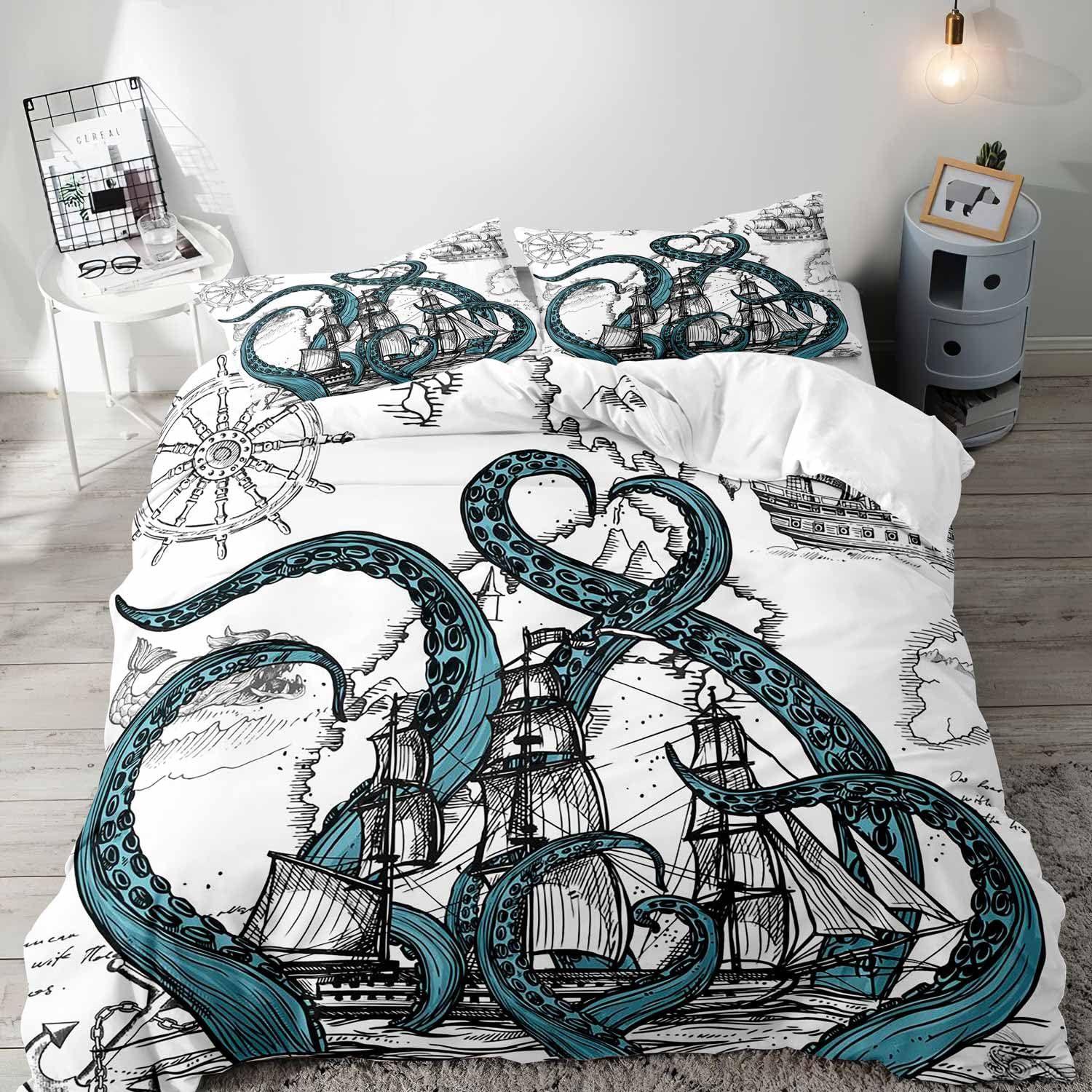 Retro Kalóz Paplanhuzat Szett Koponya Polip Kincstérkép Ágynemű Szett Felnőtt Fiú Lány Hálószoba Dekoráció Egyszemélyes Kétágyas Nagy Méret 135x200cm-2pcs