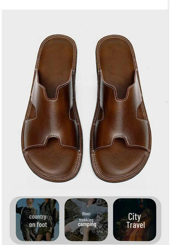 Men's Genuine Leather Cross Strap Slip-on Slippers, Size 46-47, Non-slip Outdoor Beach Flip Flops