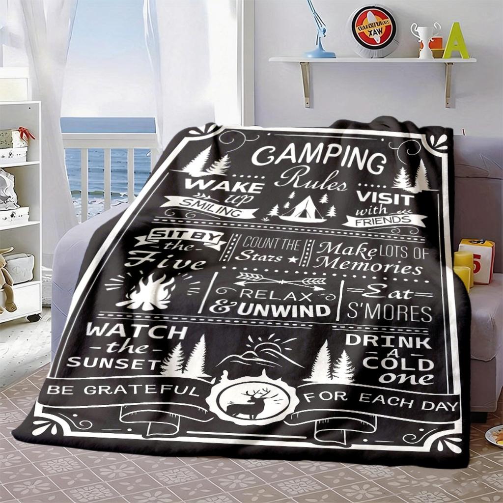 2026 New Arrivals Camping Theme Blanket with Black & White Camping Rules And Scenes Cozy Outdoor Indoor Throw Featuring Geometric Patterns, Pine Trees