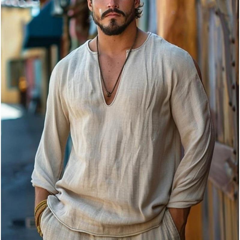 

Summer Men s Linen Long-sleeved T-shirt Loose Undershirt Solid Color V-neck Long-sleeved S