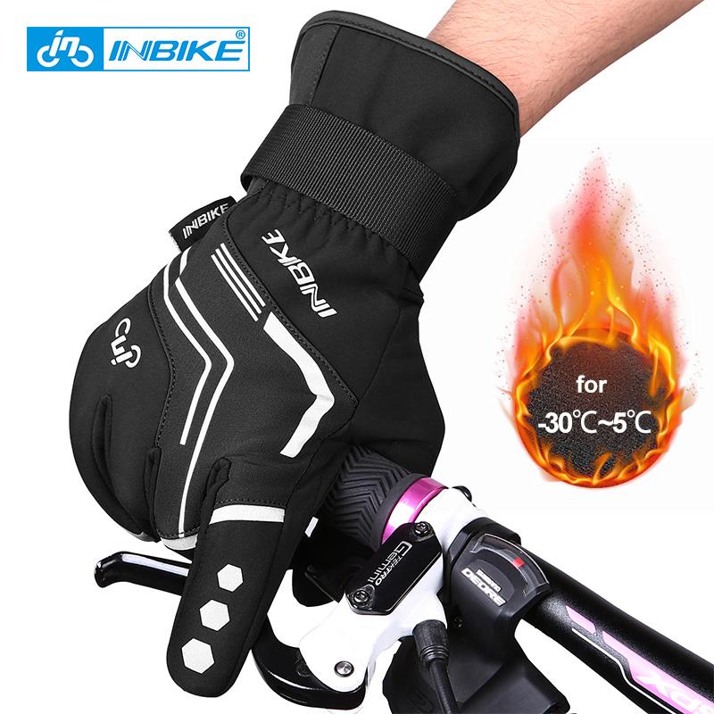 INBIKE Winter Cycling Gloves Full Finger Thermal Men's Bicycle Gloves Warm Cotton Waterproof Bike Gloves for Motorcycle Cycling