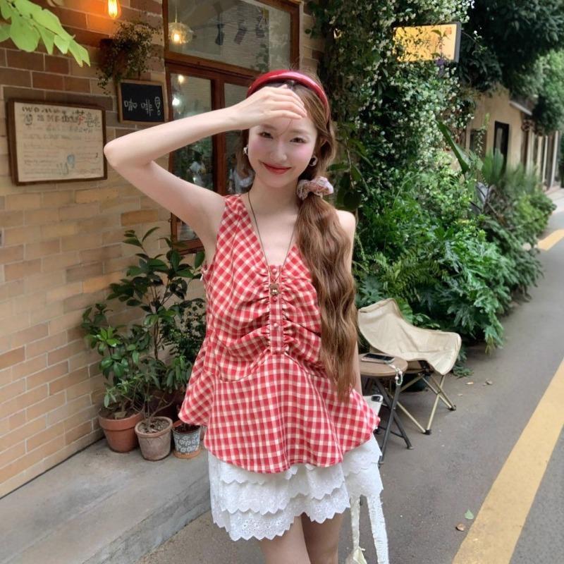 Summer New Women's Plaid V-neck Sleeveless Vest Ruffle Pleated Top