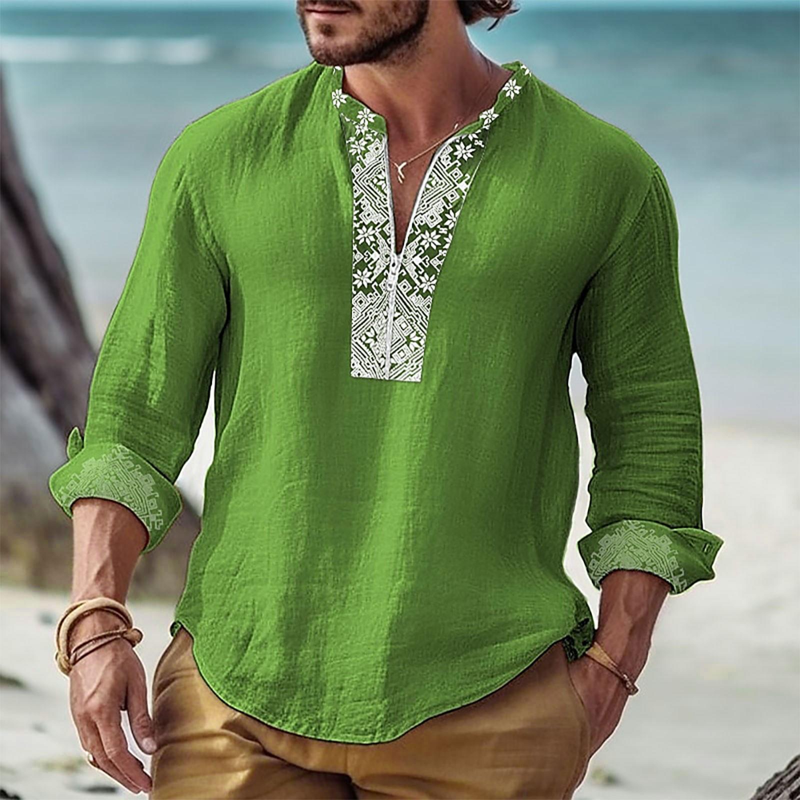 

Мужские повседневные рубашки из хлопка и льна с рисунком, цветные рубашки с длинными рукавами, рубашки с вырезом на молнии, повседневная одежда XXXL зелёный