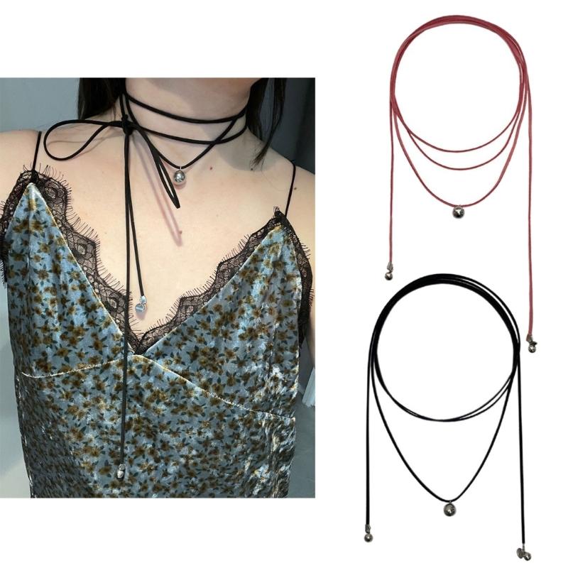 Korean Style Rope Neck Chain Necklace For Women Charm Metal Round Bead Pendant Collar Chain Choker Fashion Party Jewelry