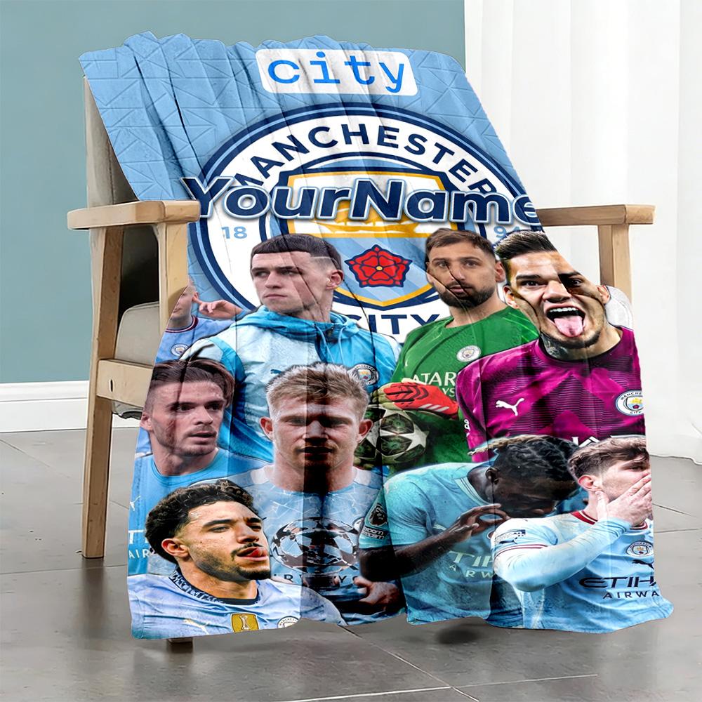 Manchester City Personalized Name Blanket Multi-purpose Customizable Blanket Soft Warm Cozy Perfect for Nap Bed Seaside Couch Four Seasons Multipurpos