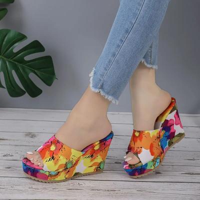 Summer New Women's Casual Fashion Printed High Heel Slope Heel Sandals Thick Bottom Beach Play Fish Mouth Cool Slippers
