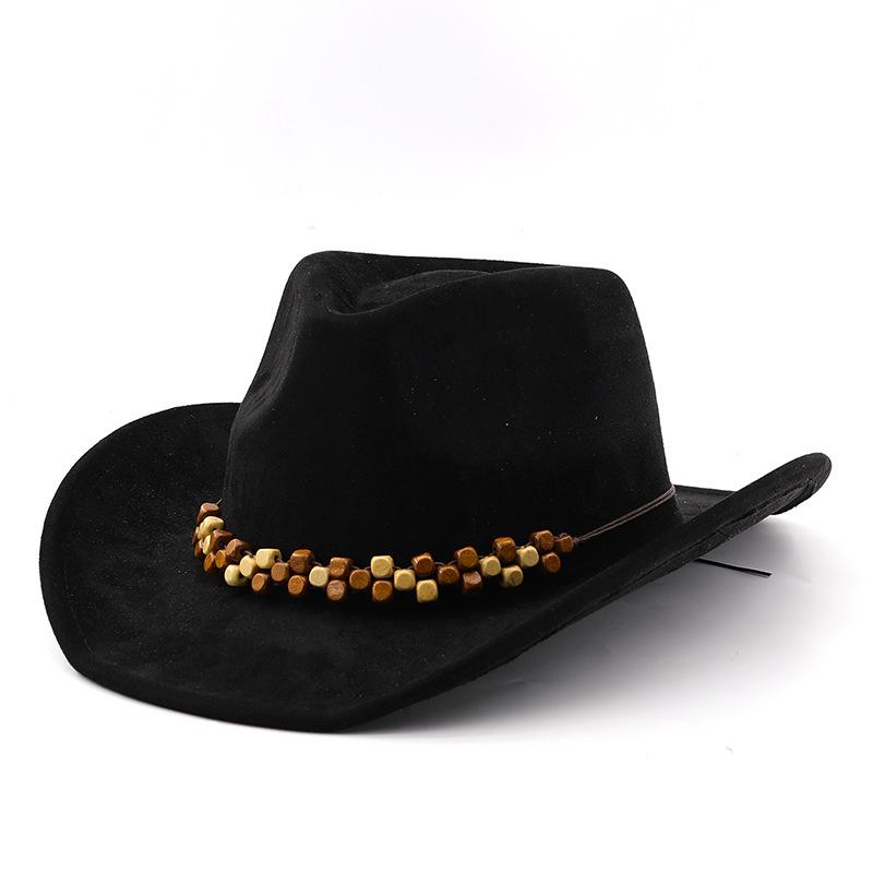 Bohemian Western Cowboy Roll Along Cowboy Hat for Men and Women Wooden Bead Accessories Faux Leather Fleece Jazz Hat Riding Hat