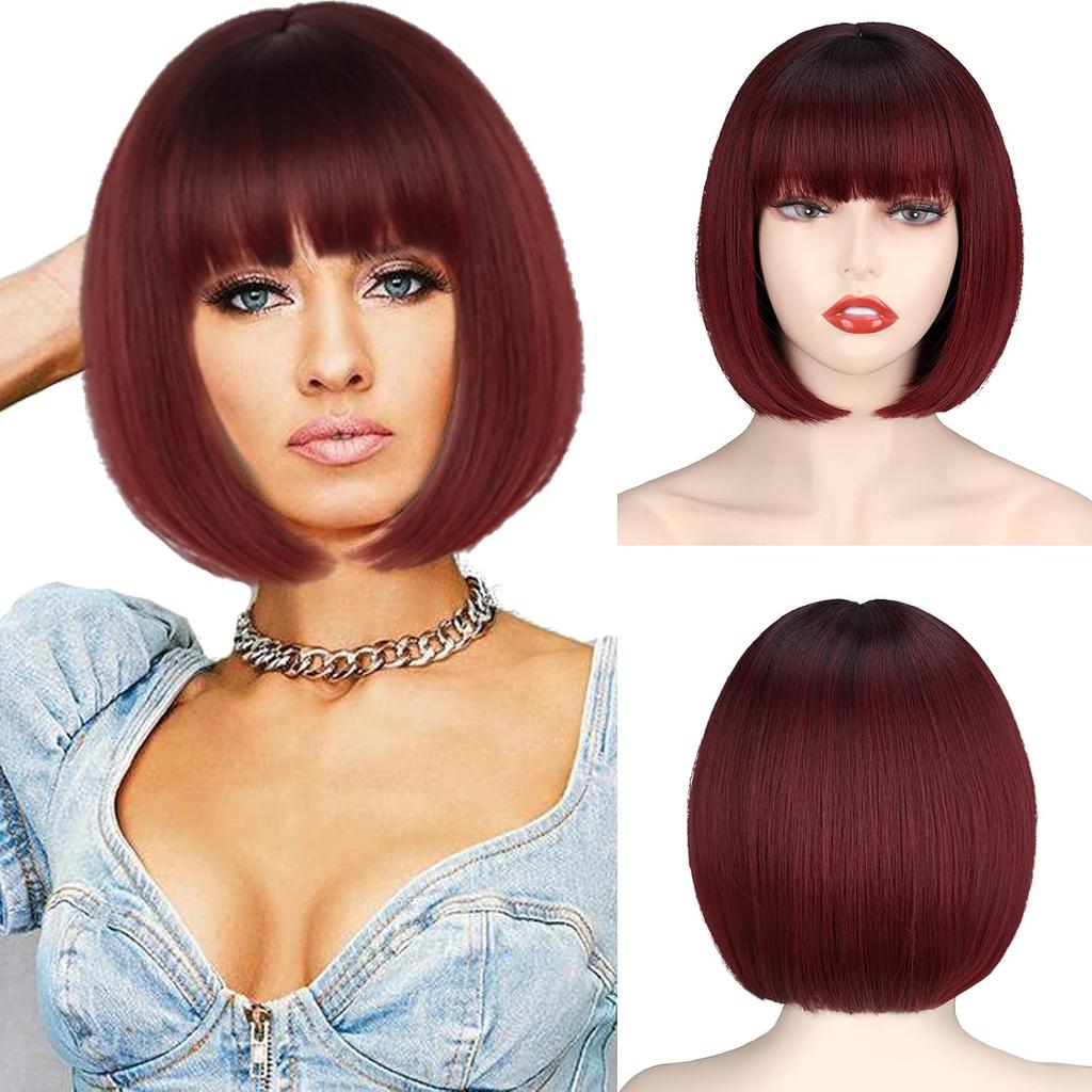LISI HAIR Synthetic Short Straight Bob Wig Extension With Bangs Natural Looking Heat Resistant Fiber For Elegant Women Daily Wear