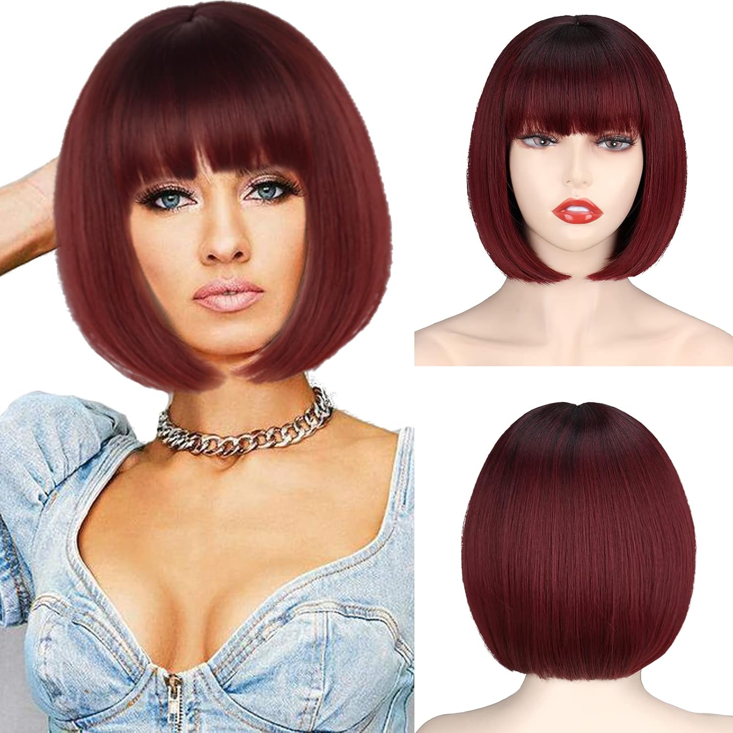 

MISS WIG Synthetic 12-Inch Black Bob Wig with Bangs Extensions Natural Looking For Elegant Women Casual Wear 25cm