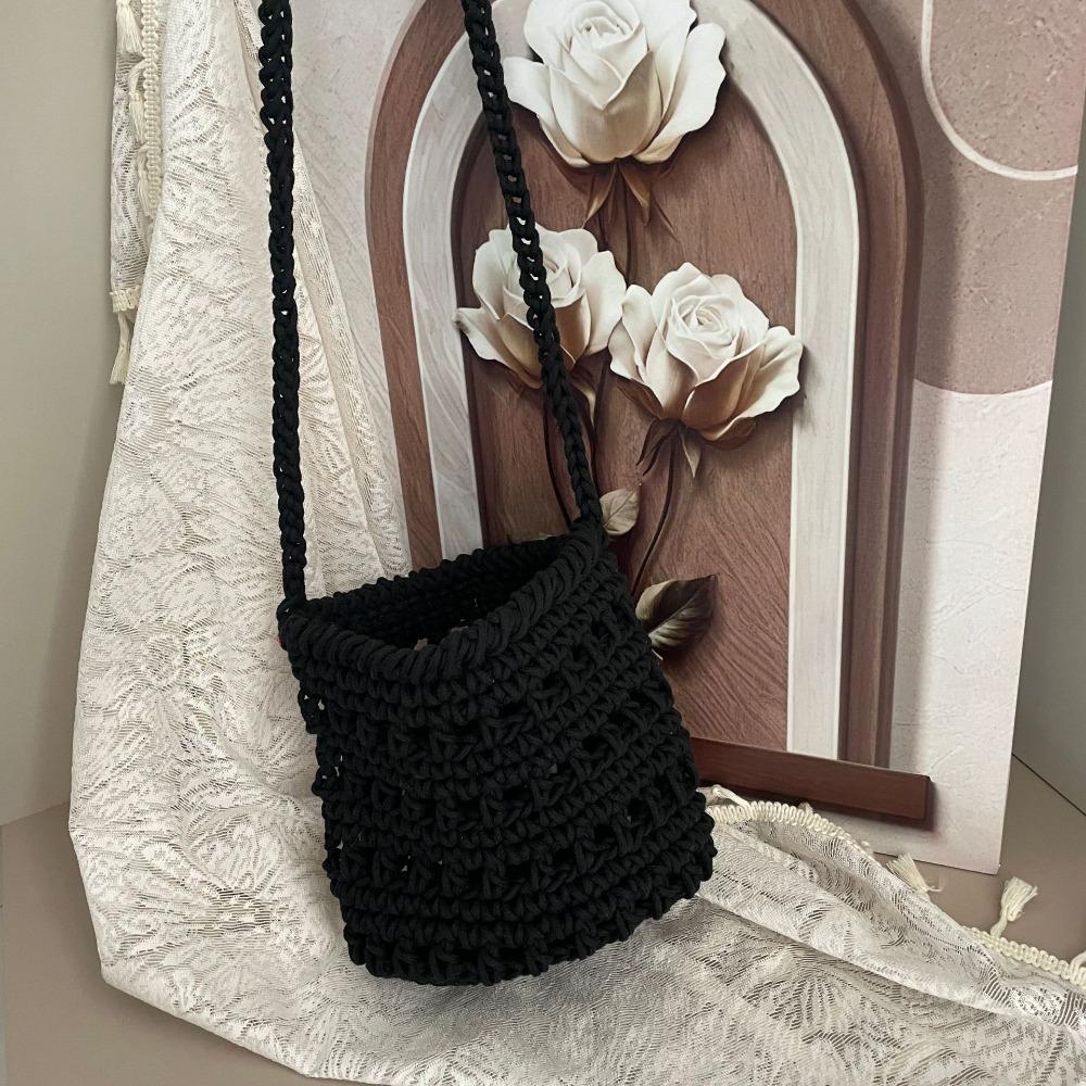 Solid Color Hollow Out Knitted Weave Bag Braided Knitted Shoulder Bag Sweet Crochet Tote Bag  Daily