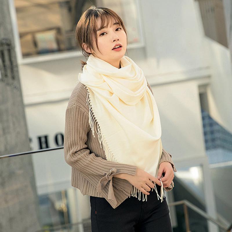 Thick Cashmere Solid Color Shawl Warm Scarf with Tassels Gifts for Women