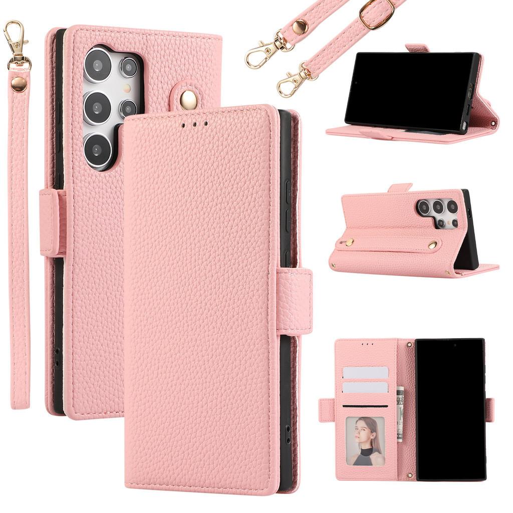 

Crossbody Wrist Card Leather Case For Samsung Galaxy S24 Ultra S23 FE S22 S21 Plus Note 20 A53 A54 A55 5G A34 A13 Stand Wallet A15 5G рожевий