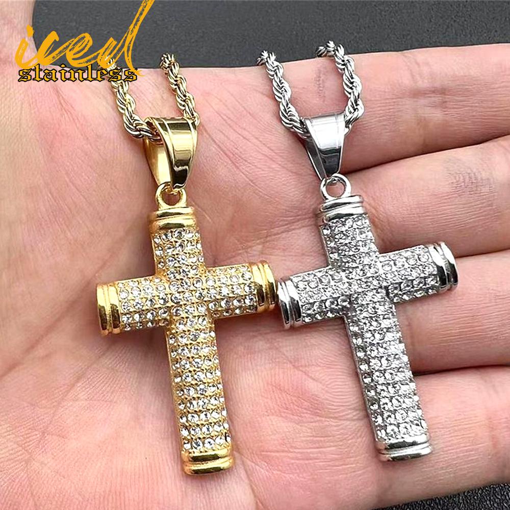 Iced Stainless 316L No Fade Titanium Steel Full Diamonds Cross Pendant Necklaces for Men Women Punk Rock Hip Hop Jewelry