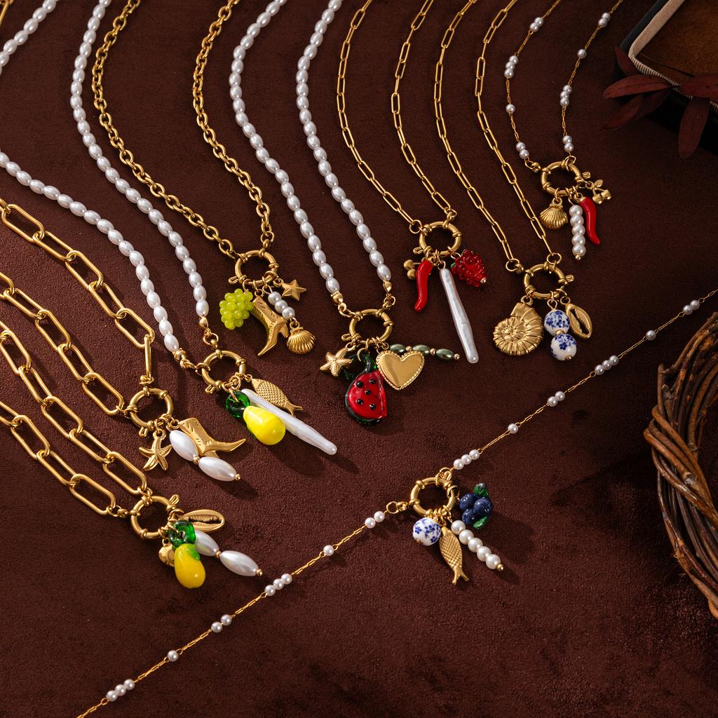 Stainless steel fruit heart boots ins high-end feeling collarbone chain pearl starfish necklace gold-plated