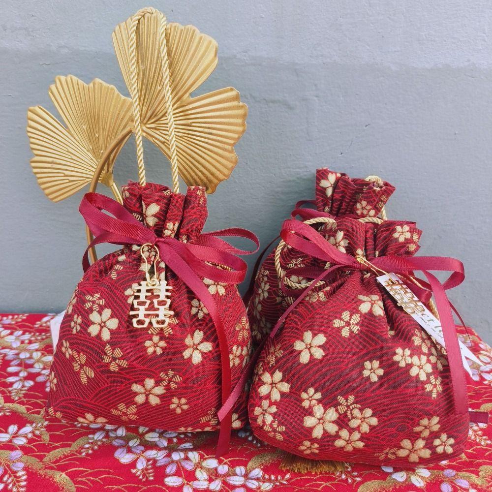 Stripe Canvas Flower Drawstring Bag Sakura Wedding Candy Bag Portable Ribbon Bow Wrist Bag  Party