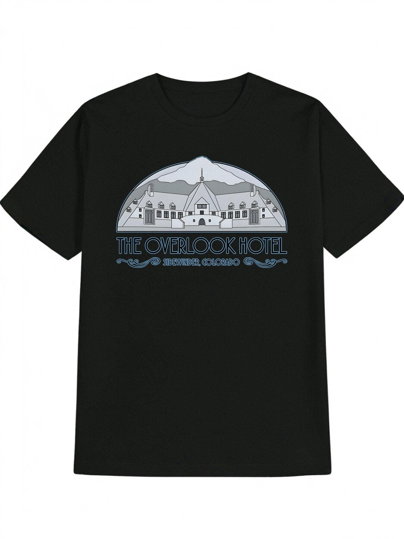 

Casual Round Neck T-shirt with The Overlook Hotel Mountain & Castle Print - Light Blue S
