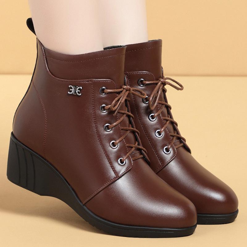 Autumn Winter Warm Fur Cotton Thick Shoes Women's High Heels Leather Wedges Soft Bottom Flat Bottom Ankle Boots
