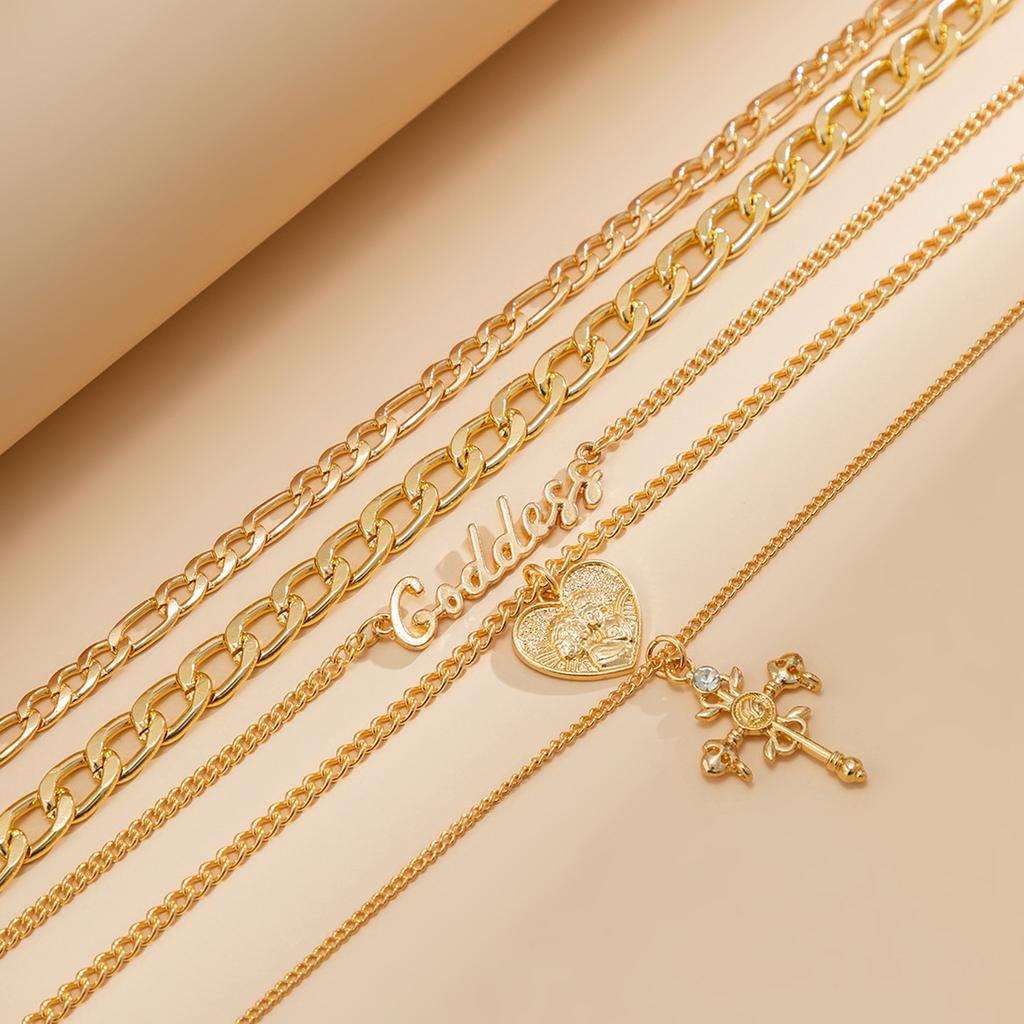 Vintage multi-layer heart-shaped relief portrait cross necklace