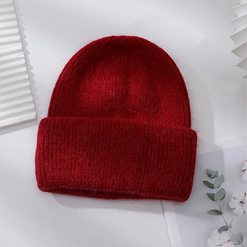 Winter Hats Woman Soft Knit Beanie Warm Rabbit Fur Hat Solid Color Slouchy Cap Casual Outdoor Fashion Solid Adult Cover Head
