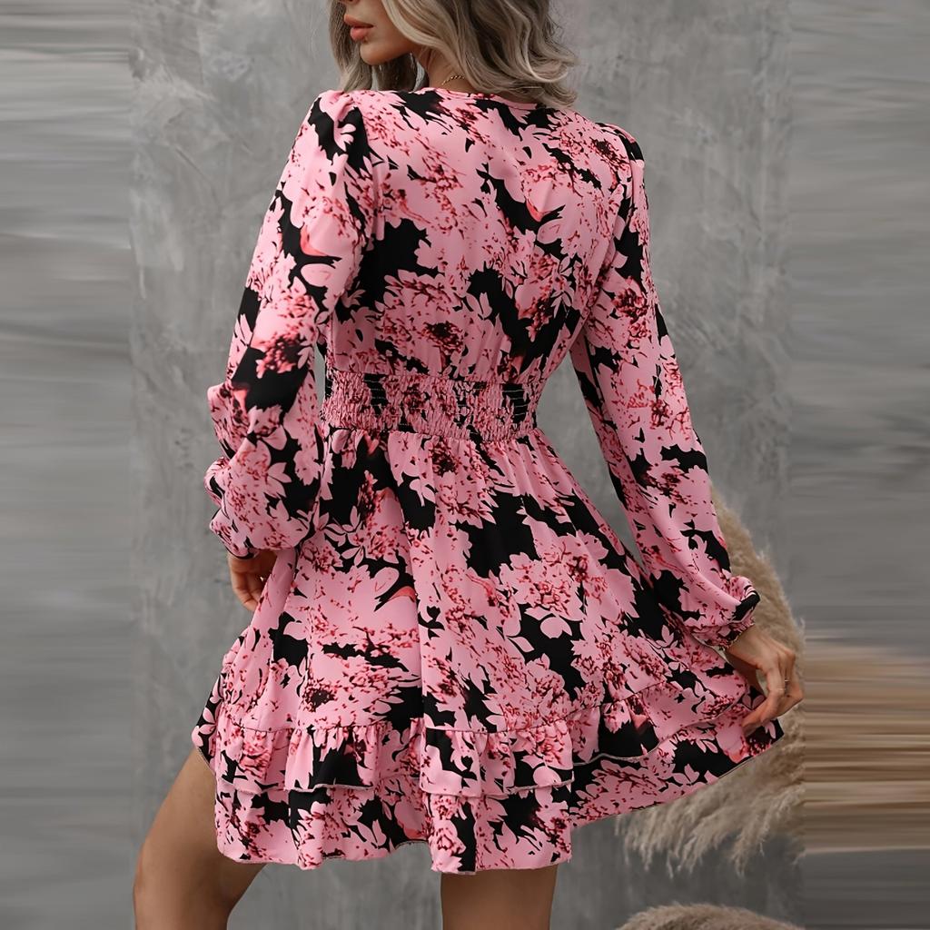 Women's Summer Casual Fashion V Neck Ruffle Waist Floral Print Midi Dress