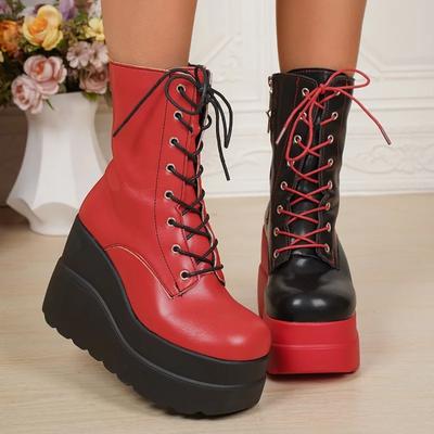 Moda 11CM Nuevo Diseño Mujer Punk Gótico Botas de Motocicleta Plataforma Tacón Alto Grueso Botín Tobillero Damas Genial Cuña Negro Rojo Zapatos Femeninos