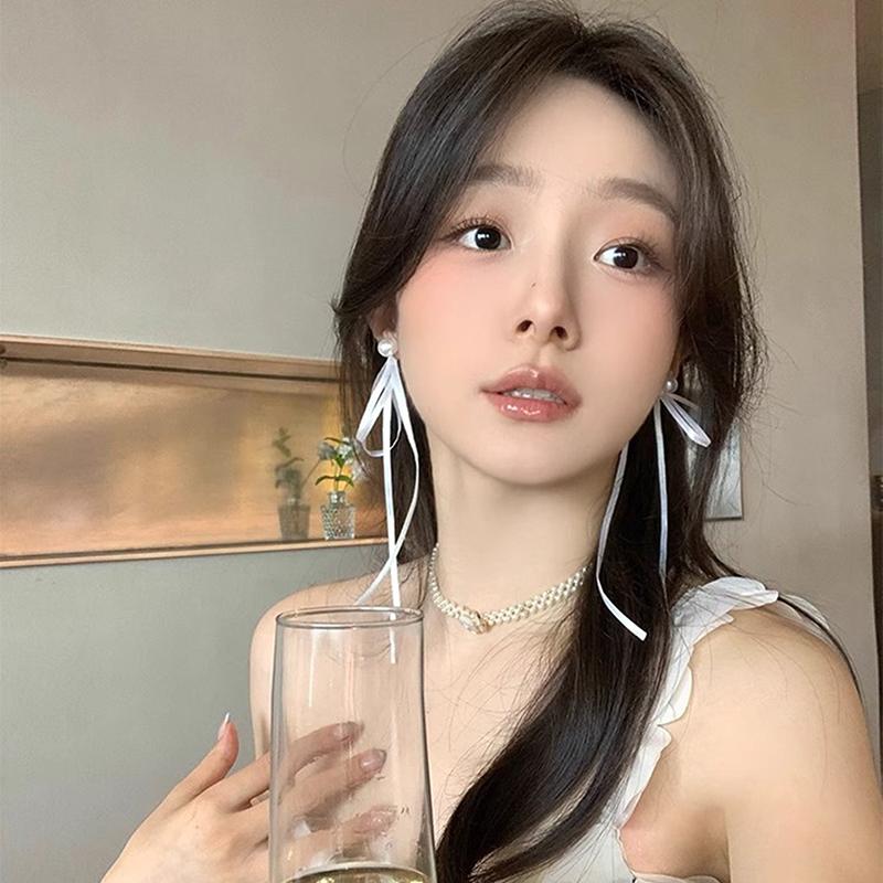 Korean Style Sweet Fresh Ribbon Bowknot Charm Stud Earrings Pearl Heart Dangle Ear Buckles For Girl Ballet Ear Jewelry