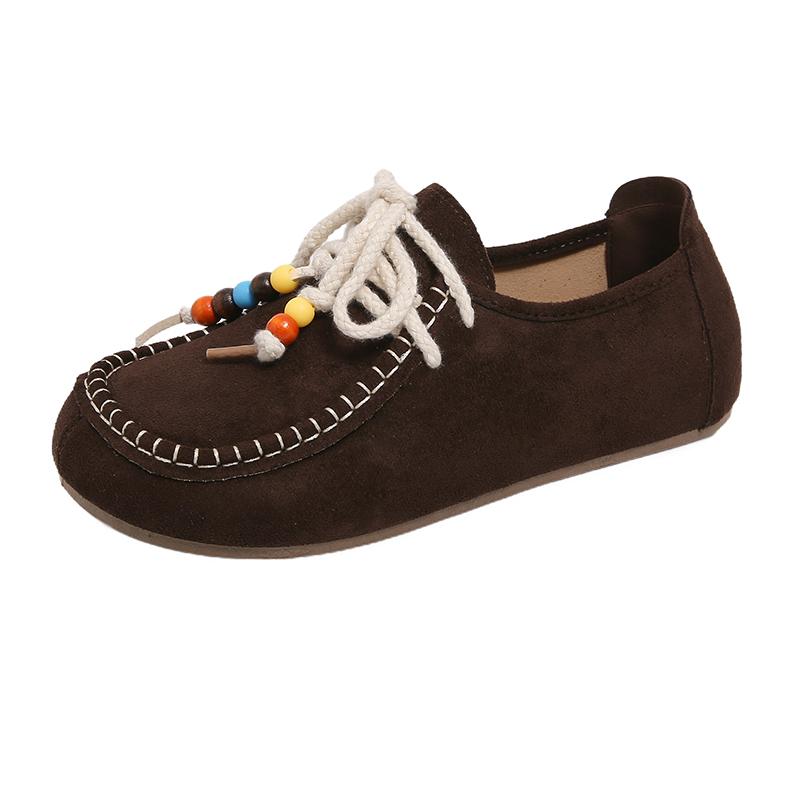 Women's Flat Shoes Round Toe Lace-up String Bead Increased Internal Shoes Retro Suede High-heeled Spring and Autumn Single Shoes