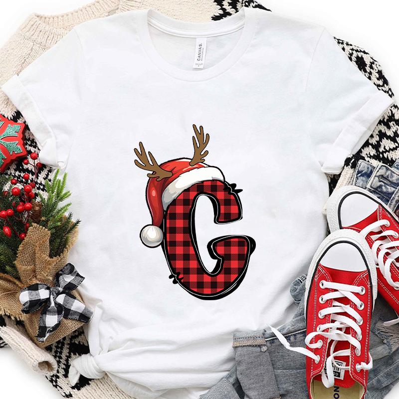 Christmas Alphabet AZ Letter Print Womens Tshirt Santa Graphic Casual Holiday Fashion Top Xmas Party Tees shirt for Women