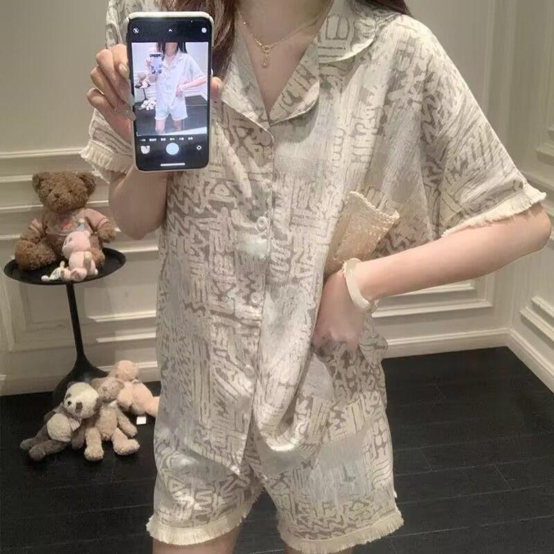 Cloud Cotton Lace Tassel Women's Summer Pajama Set - Short-Sleeved Cardigan & Shorts with Chest Pads