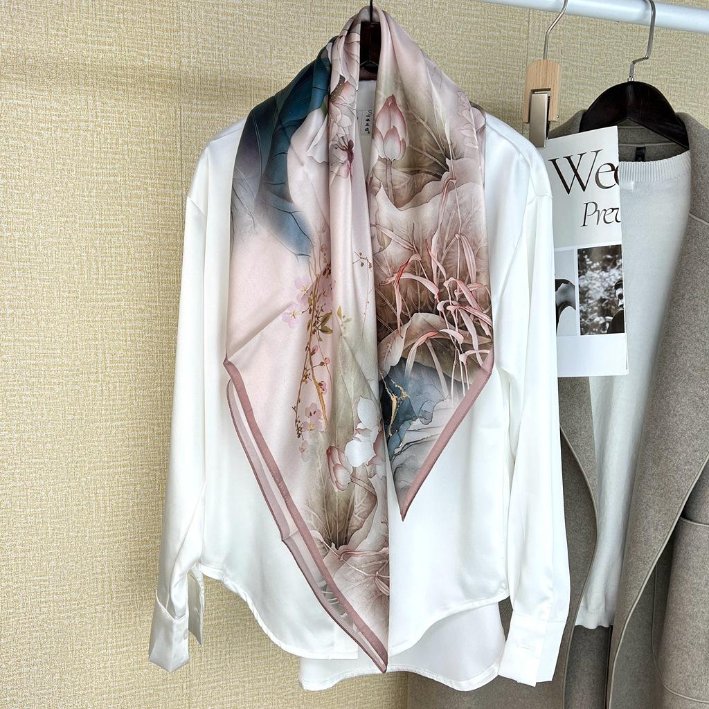 Silk Scarf Women'S Spring And Autumn Antique Temperament Versatile 90 Plain Crepe Satin Large Square Scarf Mulberry Silk Scarf Shawl