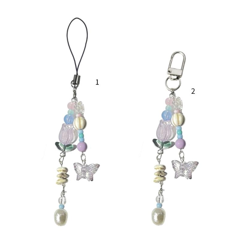 Unique Butterfly Phone Charm Fashionable Decorative Bead Keychain Lanyard Bag Pendant Accessory for Women Girls