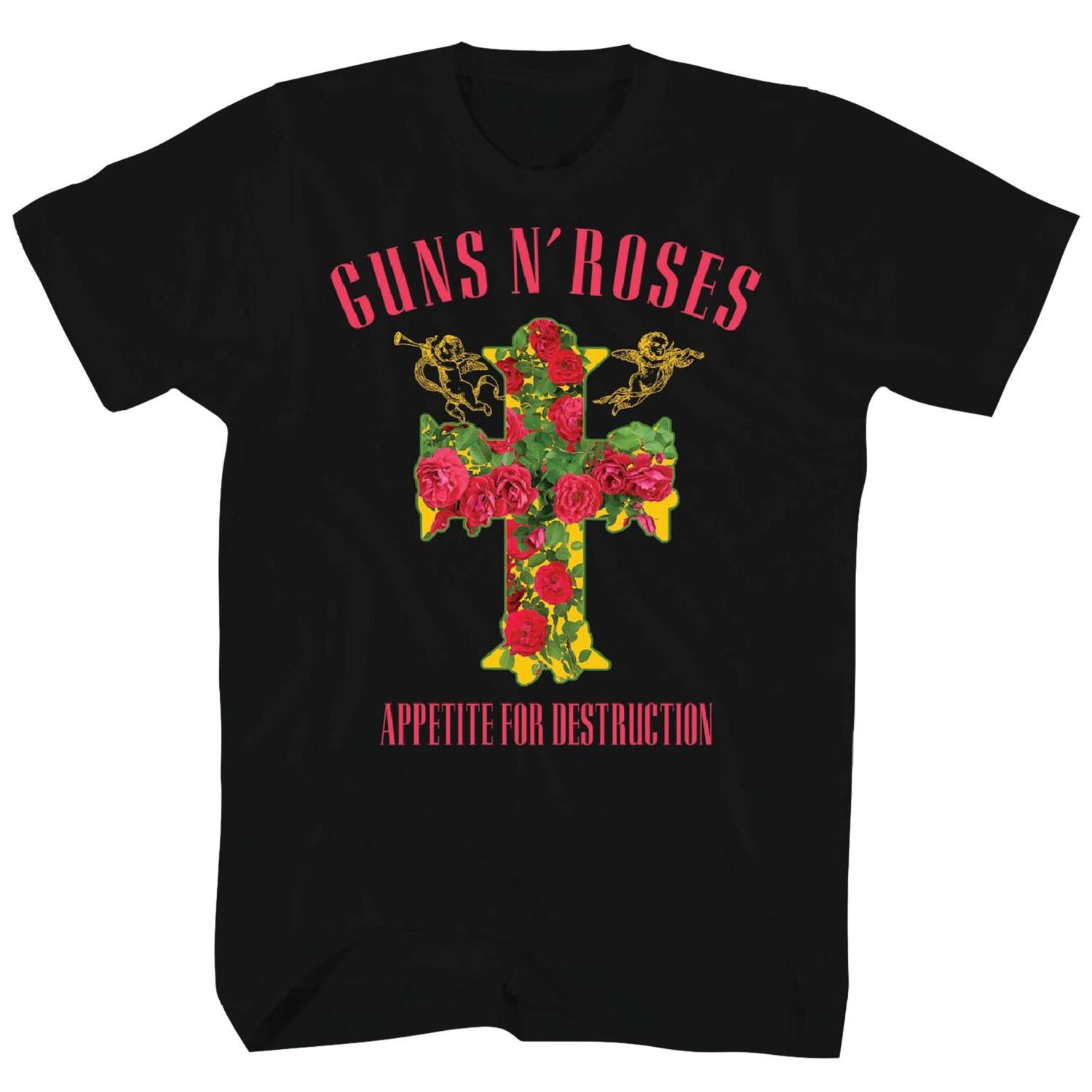 Men s Guns N Roses GNR Rose Yellow Cross T-shirt Large Black XL