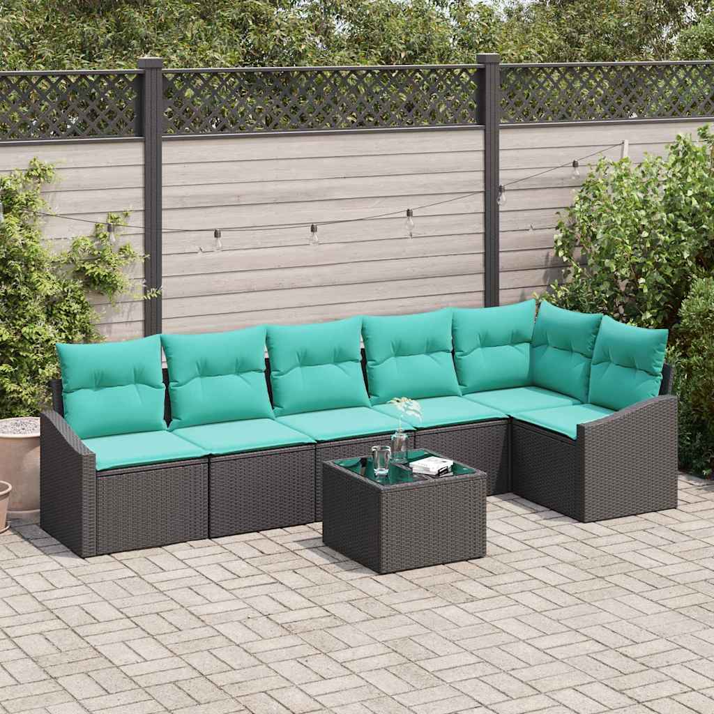 7 Piece Sofa Set with Cushions Black Poly Rattan