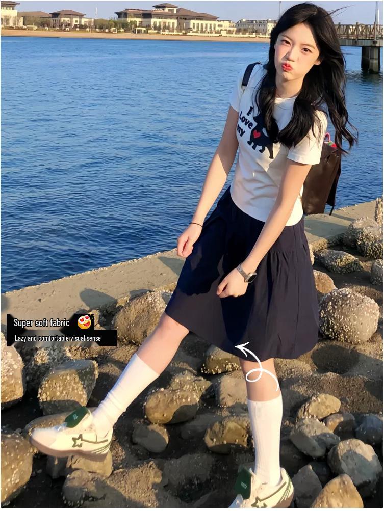 Navy Blue Japanese-Style A-Line Midi Skirt for Women - Summer 2025, High-Waisted, Casual Versatile College Style