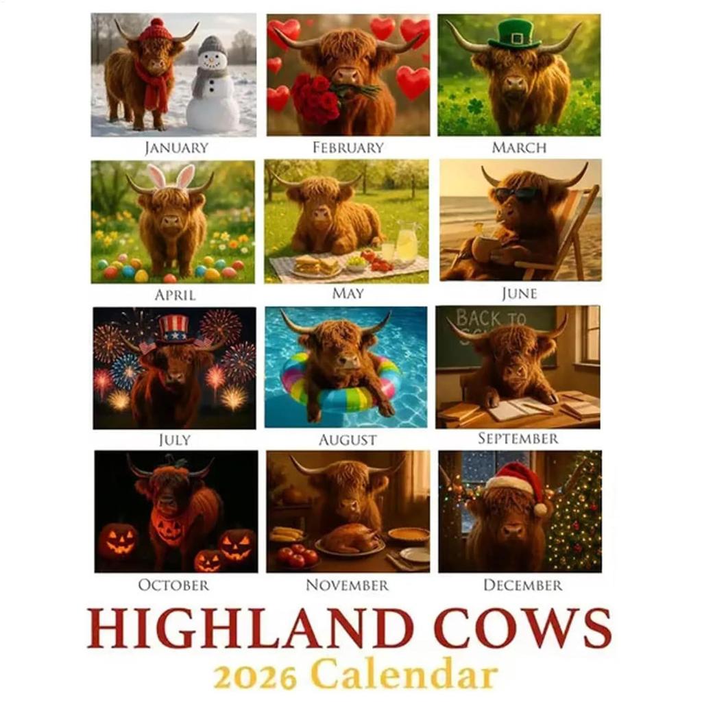 Calendar for 2026 Highland Cow Calendar 2026 Wall Decor Jan-Dec Agenda Thick Paper Monthly Planner for Teacher Student Home