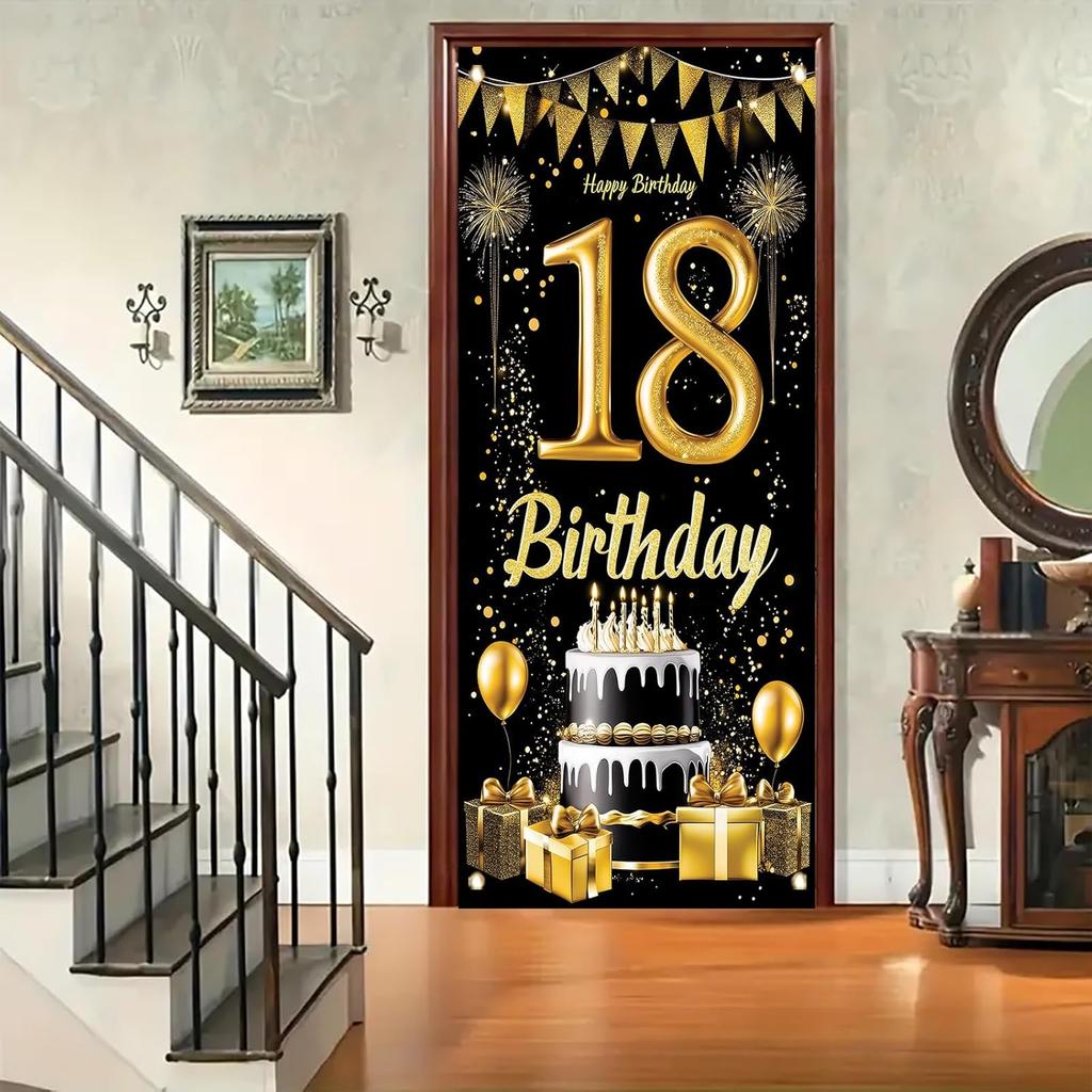 18th Birthday Door Cover Decoration 71 x 35 Inch Black and Gold Cake Banner with Balloons and Gifts for Eighteenth Birthday Party Supplies Happy 18